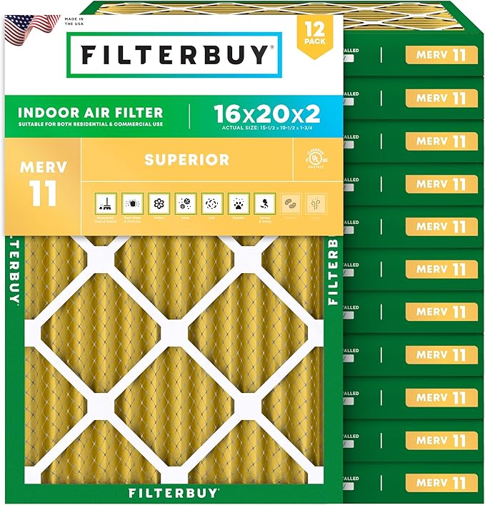 Filterbuy 16x20x2 Air Filter MERV 11 Superior Pet & Allergy Defense (12-Pack), Electrostatic Pleated HVAC AC Furnace Filters Replacement, Made in USA (Actual Size: 15.50 x 19.50 x 1.75)