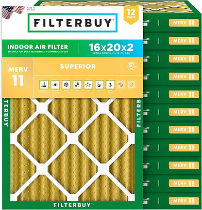 Filterbuy 16x20x2 Air Filter MERV 11 Superior Pet & Allergy Defense (12-Pack), Electrostatic Pleated HVAC AC Furnace Filters Replacement, Made in USA (Actual Size: 15.50 x 19.50 x 1.75)