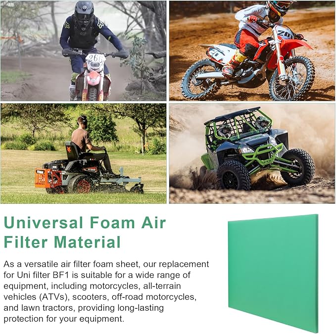 Foam Air Filter Material Replacement for Uni BF-1 BF1 Filter, 14" X 17" X 5/8" Green Fine Air Filters Foam Sheet 65-PPI for Motorcycle ATV Dirt Bike Most Small Engines - Universal and Cuttable
