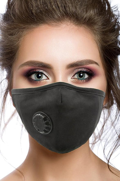 MountainAir Black Dust Mask with 4 Carbon Air Filters and Respirator Filter Valve – Reusable, Washable & Breathing Valve Mask