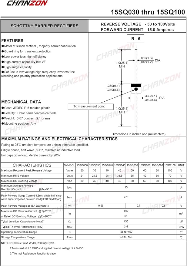 Chanzon 15SQ045 Schottky Diodes 15A 45V R-6 Axial 15 Amp 45 Volt for Solar Cell Panel (Pack of 20 Pieces)