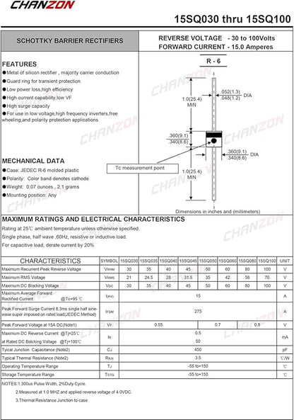 Chanzon 15SQ045 Schottky Diodes 15A 45V R-6 Axial 15 Amp 45 Volt for Solar Cell Panel (Pack of 20 Pieces)