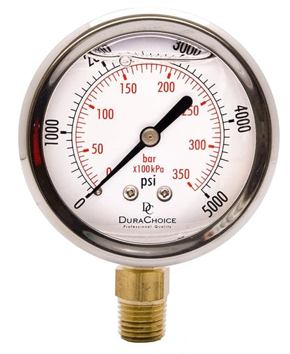 2-1/2" Oil Filled Pressure Gauge - Stainless Steel Case, Brass, 1/4" NPT, Lower Mount Connection, 0-5,000PSI