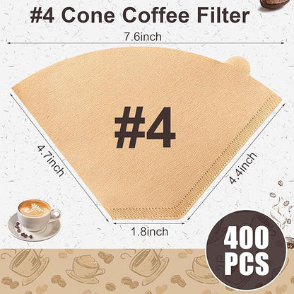 Coffee Filters #4, Unbleached Natural Coffee Filters 8-12 Cup, Disposable Coffee Filters, 4 Cone Paper Compatible with Ninja Coffee Maker, Pour Over and Drip Coffee Maker, 400 Count