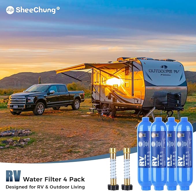 SheeChung RV Water Filter 4 Pack with Flexible Hose Protector, NSF Certified, Inline Hose Water Filter for RV, Boat, Campsite – Reduces Odors, Bad Taste, Chlorine, Rust