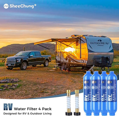SheeChung RV Water Filter 4 Pack with Flexible Hose Protector, NSF Certified, Inline Hose Water Filter for RV, Boat, Campsite – Reduces Odors, Bad Taste, Chlorine, Rust