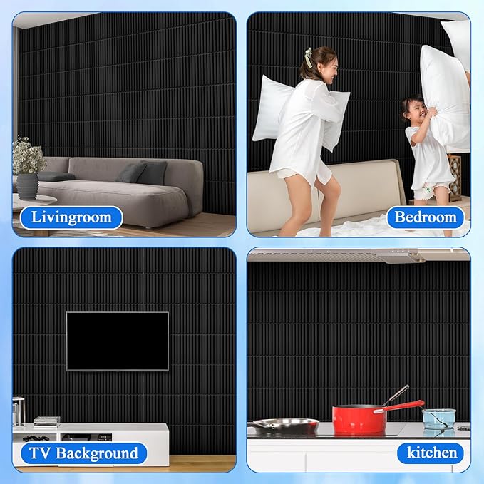 Nuanchu 90 Pcs 3D Slat Wall Panels, 12"x12" PVC Fluted Wall Paneling for Interior Decor, Paintable Waterproof Textured Tiles for Living Room TV Background Gaming Room, 32 Sq. ft Coverage (Black)