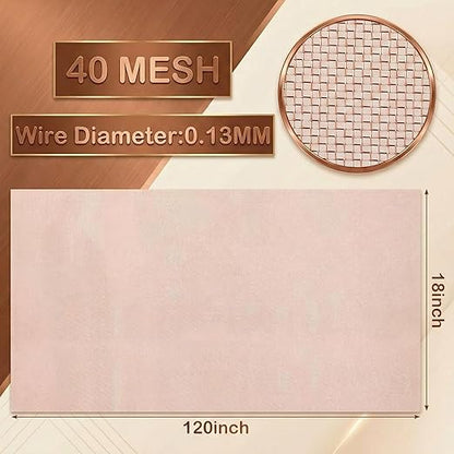Therwen 18 Inch x 10 ft Copper Mesh Screen 99.9% Pure Copper 40 Mesh Roll Wire Fabric for Grounding Dense Filter Screen Woven Crafts Window Protection