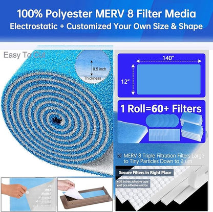 Air Vent Filters, 12" x 140" Cut to Fit Air Filter Material (70+ Filters),MERV 8 Triple Electrostatic Vent Filter for AC, HVAC Furnace, Grilles and Mobile Home-Includes 48 Adhesive Hook Tape