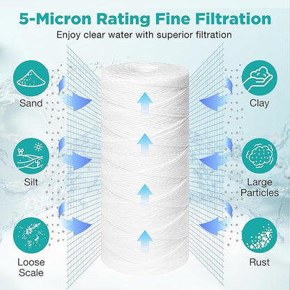 SimPure 10" x 4.5" String Wound Sediment Water Filter Cartridge for Well Water, 5 Micron Whole House Replacement Filter for Housing DB10P DB10C (20 Pack)