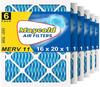 Maycold 16x20x1 MERV 11 Air Filters (6-Pack), Pleated HVAC Furnace Filter for Home – Traps Fine Dust & Pet Hair, Actual Size 15.70 x 19.70 x 0.75, Individually Wrapped