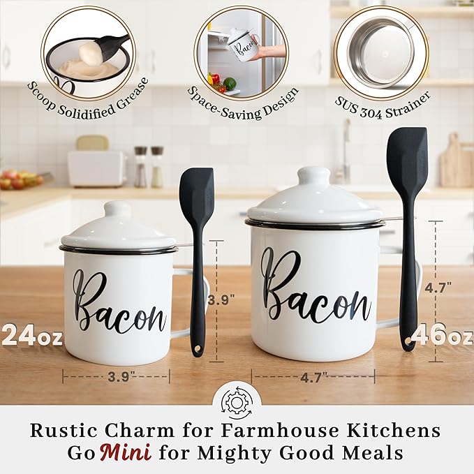 Bacon Grease Container with Strainer - With Food-Grade Silicone Spatula, 24oz Enamel Rustic Farmhouse Fat Container, Keeper, Recipes, Dishwasher Safe