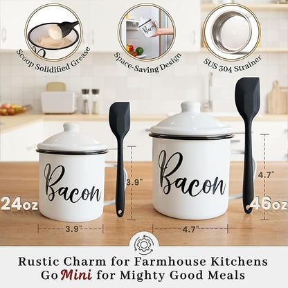Bacon Grease Container with Strainer - With Food-Grade Silicone Spatula, 24oz Enamel Rustic Farmhouse Fat Container, Keeper, Recipes, Dishwasher Safe