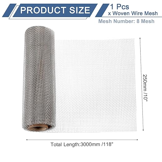 uxcell 8 Mesh 118" x 10" Woven Wire Mesh, 316 Stainless Steel Air Vent Filter Screen, Window Screen Mesh for DIY Projects Vents Cover Filtration Animals Fence