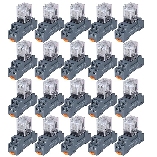 20PCS Electromagnetic Power Relay, 8-Pin 10 AMP 12V DC Relay Coil with Socket Base, LED Indicator, DPDT 2NO 2NC - MY2NJ [Applicable for DIN Rail System]