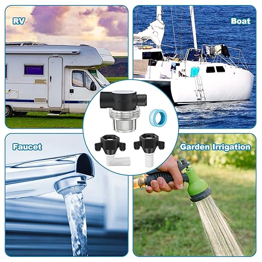 Dreyoo RV Water Pump Strainer Filter, 1/2 Twist On Pipe Strainer, 1/2 x 14 NPT x 1/2 Inch Barb Elbow and 2 Straight Swivel Adapter, RV Plumbing Fittings with PTFE Thread Seal Tape