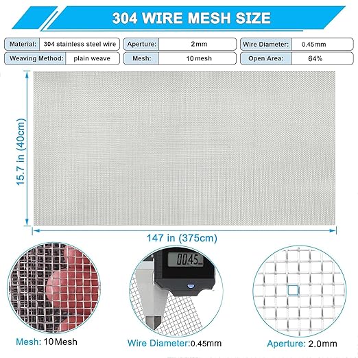 10 Mesh Stainless Steel Mesh Screen 304, 15.7'' x 147''(40cm x 375cm) Metal Mesh Screen, Rust Free Wire Screen Mesh, 2mm Hole Easy to Cut for Air Vent Mesh, Window Screen, BBQ, Craft DIY