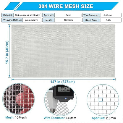 10 Mesh Stainless Steel Mesh Screen 304, 15.7'' x 147''(40cm x 375cm) Metal Mesh Screen, Rust Free Wire Screen Mesh, 2mm Hole Easy to Cut for Air Vent Mesh, Window Screen, BBQ, Craft DIY