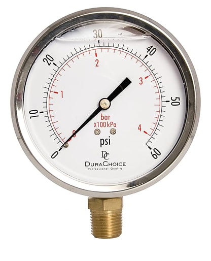 4" Oil Filled Pressure Gauge - Stainless Steel Case, Brass, 1/2" NPT, Lower Mount Connection, 0-60PSI