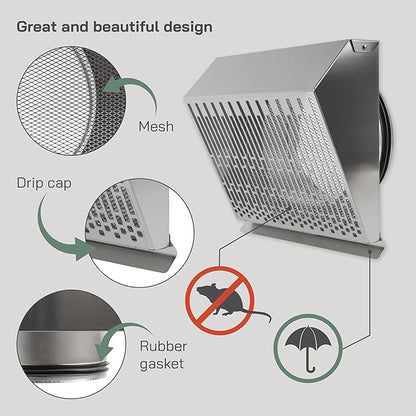 Vent Systems 8" Inch Exhaust Vent Cover with Rubber Gasket - Stainless Steel - Robust Weatherproof Outdoor Air Exhaust Box - Duct or Surface Mounting - Rain and Snow Protection