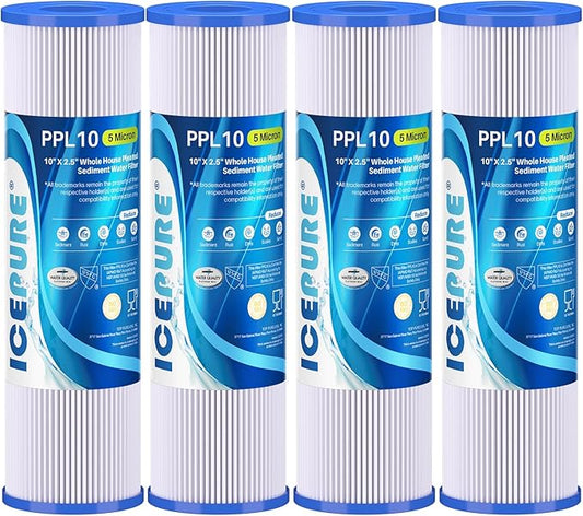 10" x 2.5" Pleated Sediment Water Filter Cartridge Replacement Any 10 inch RO Unit, Compatible with R50, Dupont WFPFC3002, Whirlpool WHKF-WHPL, GE FXWPC, Hydronix SPC-25-1050, Watts FM-50-975 4PACK
