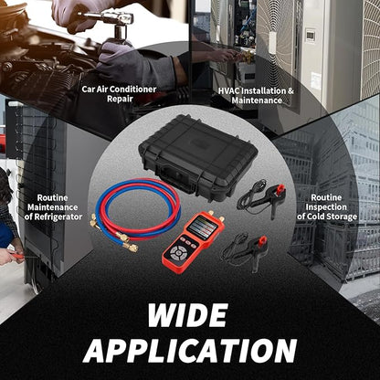 Digital Manifold Pressure Tester Gauge for HVAC, 2-Way AC Pressure Gauges with 2 Thermometer Clamps and 2 Hoses for Air Conditioner Performance Testing
