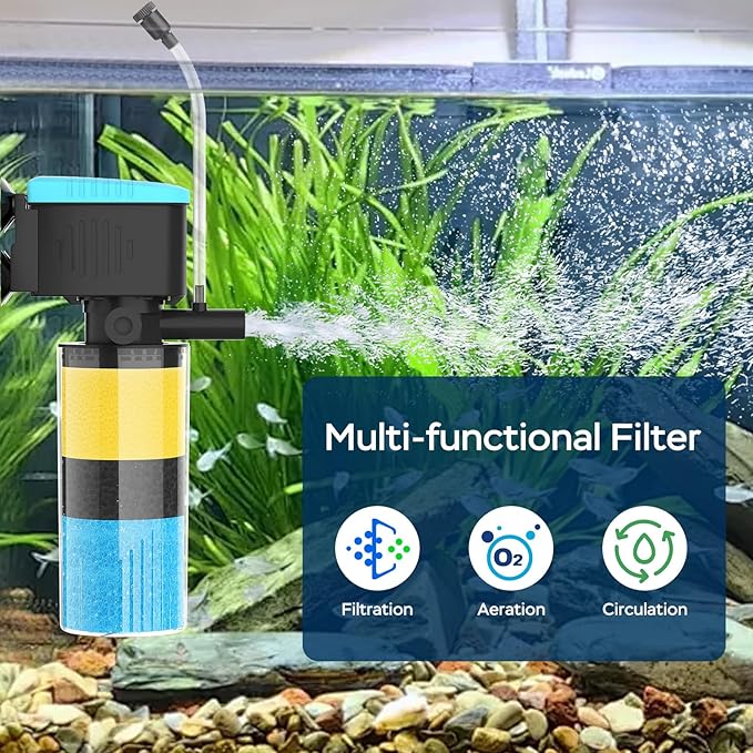 Aquarium Filter 3-Stage in-Tank Filter, Small Internal Fish Tank Filter, Submersible Pumps Filter for 5-20 Gallon Tanks, Turtle Tank Filter, with Dual Water Outlet & Aeration