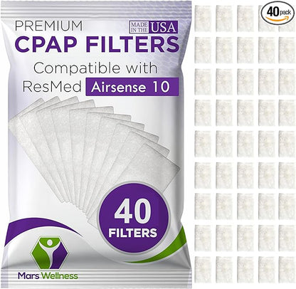 CPAP Filters Disposable Felt Pollen air Filter 40 Pack Compatible with ResMed Airsense 10, Aircurve 10, S9 Series - Made in The USA - Universal CPAP Filter Supplies - Machines - by Mars Wellness
