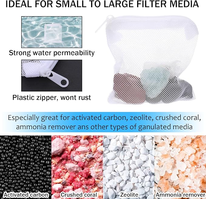 15Pcs Aquarium Filter Media Bags, Mini Fish Tank Media Mesh Filter Bags Reusable for Activated Carbon,Filter Stones(4.3”×3.9”(White)