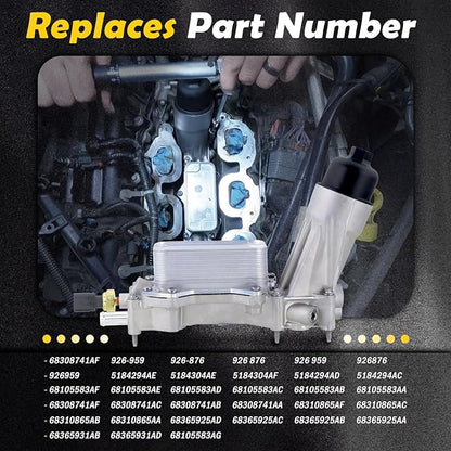 926-876 Upgraded Aluminum Engine Oil Filter Housing with Oil Cooler Compatible with 2021-2023 Dodge Challenger Charger Durango Jeep Wrangler Cherokee Chrysler 300 3.6L Replace# 68308741AF