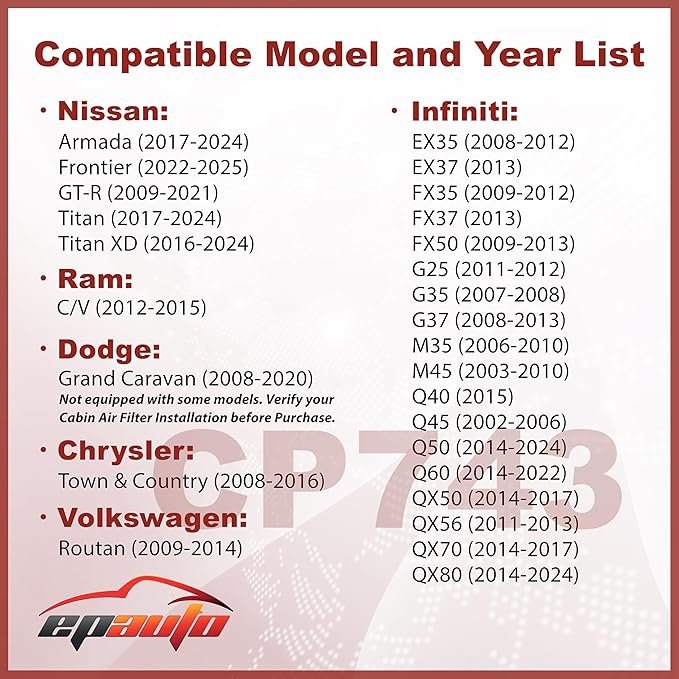 EPAuto CP743 (CF10743) Cabin Air Filter, Replacement for Infiniti Q50, Q45, Q60, QX80, EX35, FX35, G37, Nissan GT-R, Armada, Titan, Chrysler Town Country, Dodge Grand Caravan, VW Routan Fits 2002-2025