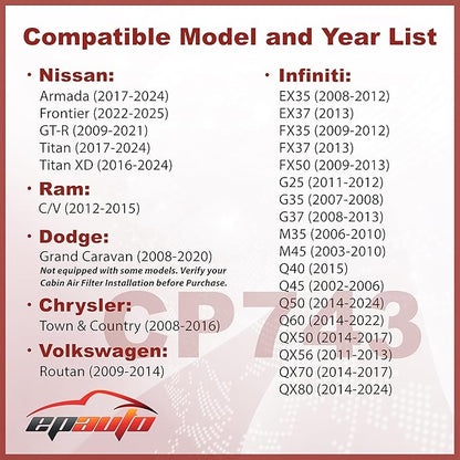 EPAuto CP743 (CF10743) Cabin Air Filter, Replacement for Infiniti Q50, Q45, Q60, QX80, EX35, FX35, G37, Nissan GT-R, Armada, Titan, Chrysler Town Country, Dodge Grand Caravan, VW Routan Fits 2002-2025