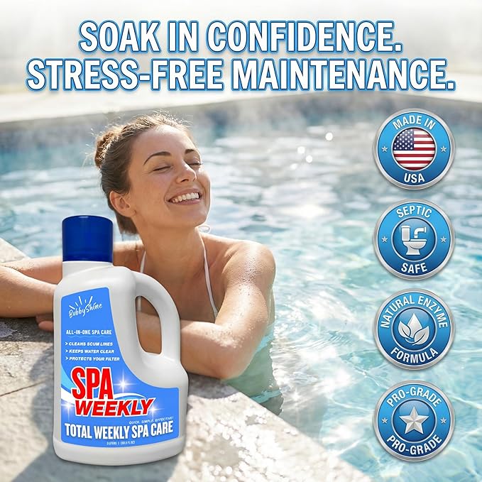 5-in-1 Hot Tub Chemicals – Spa Weekly Enzyme Cleaner & Clarifier, Scum Line Cleaner, Filter Protector + Water Conditioner, Clear Finish for Spas & Inflatable Tubs, 3 Liter (101.5 fl oz) – BubbyShine