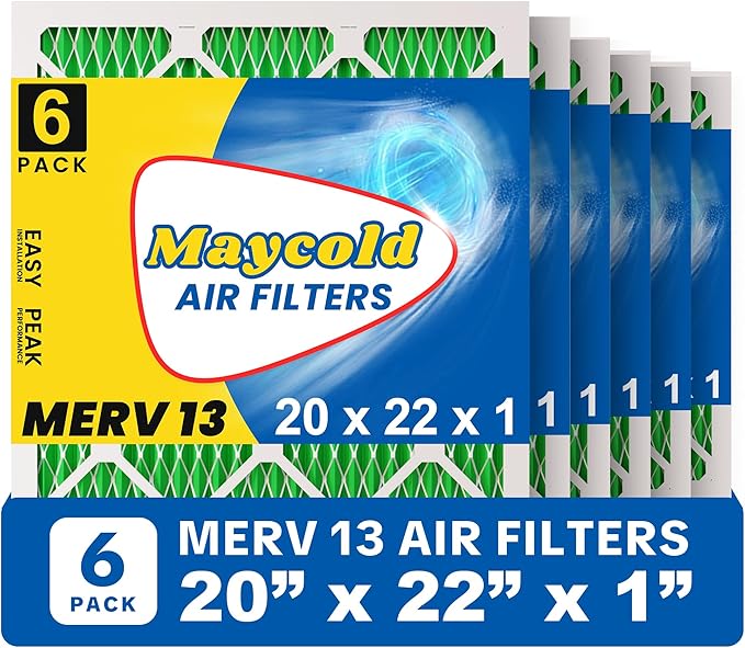 Maycold 20x22x1 MERV 13 Furnace Air Filter (6-Pack), High-Performance HVAC AC Filters for Home Use, Actual Size: 19.70” x 21.70” x 0.75”, Individually Wrapped in Plastic