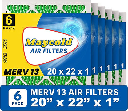 Maycold 20x22x1 MERV 13 Furnace Air Filter (6-Pack), High-Performance HVAC AC Filters for Home Use, Actual Size: 19.70” x 21.70” x 0.75”, Individually Wrapped in Plastic