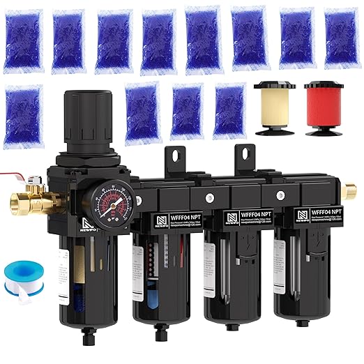 NEWPO 1/2'' NPT 4 Stage Air Dryer for Compressor,Air Drying System, Filter Regulator Dryer Combo for Plasma Cutter and Paint Spray,Semi-Auto Drain (Black)
