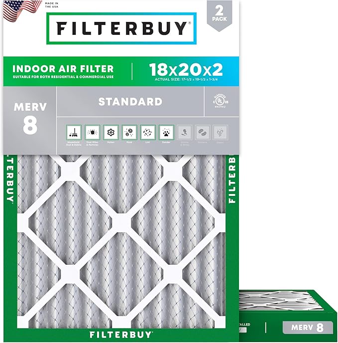 Filterbuy 18x20x2 Air Filter MERV 8 Essential Dust & Allergy Defense (2-Pack), Electrostatic Pleated HVAC AC Furnace Filters Replacement, Made in USA (Actual Size: 17.50 x 19.50 x 1.75)