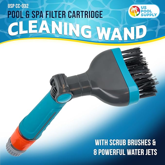 U.S. Pool Supply Cartridge Pool Filter Cleaner Tool - Spa Filter Cleaner for Hot Tub Pool, Water Jet Spray Angled Brush Head Cleaning Wand, Clean Dirty Cartridges, Dirt Debris, Garden Hose Connector