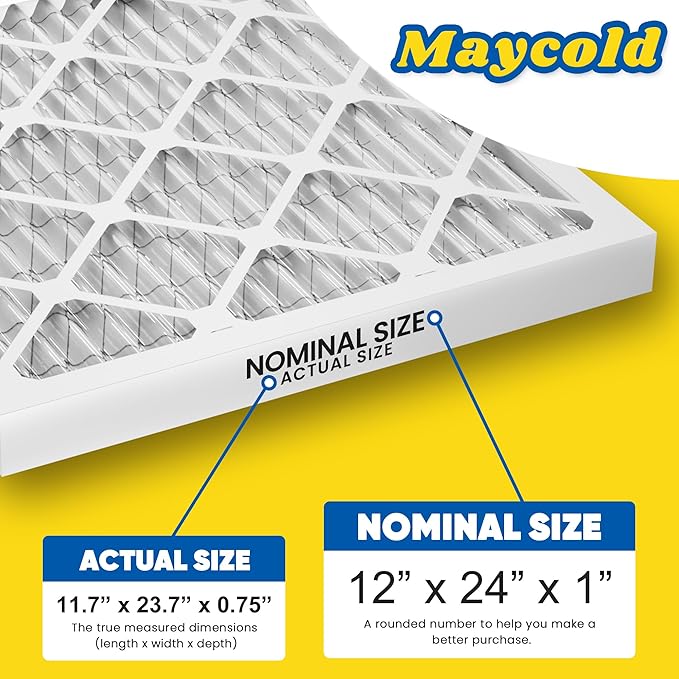 Maycold MERV 8 12x24x1 Furnace Air Filters (6-Pack), Pleated HVAC AC Filters – Actual Size 11.70” x 23.70” x 0.75”, For Residential or Office Use, Individually Wrapped in Plastic