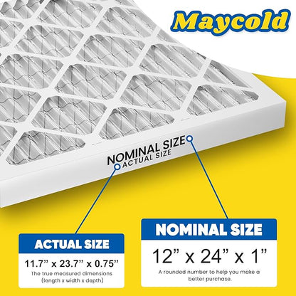 Maycold MERV 8 12x24x1 Furnace Air Filters (6-Pack), Pleated HVAC AC Filters – Actual Size 11.70” x 23.70” x 0.75”, For Residential or Office Use, Individually Wrapped in Plastic