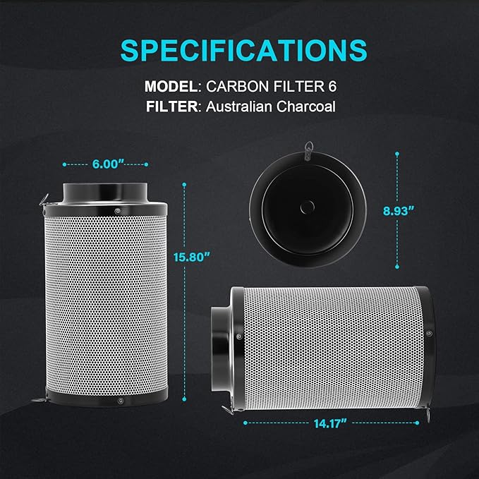 iPower 6" Air Carbon Smelliness Control with Australia Virgin Charcoal, Reversible Flange, Pre-Filter, Fit with Inline Duct Fans for Grow Tents