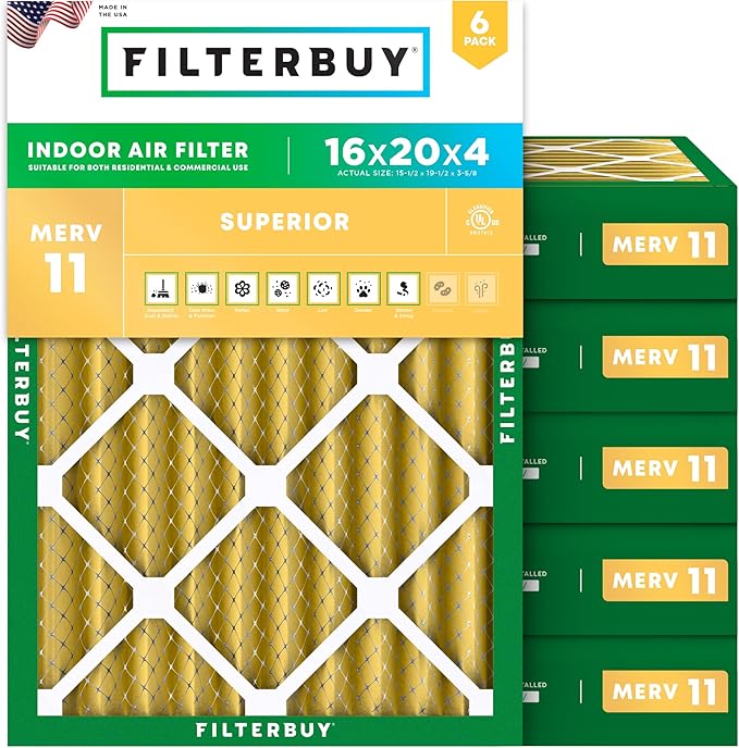 Filterbuy 16x20x4 Air Filter MERV 11 Superior Pet & Allergy Defense (6-Pack), Electrostatic Pleated HVAC AC Furnace Filters Replacement, Made in USA (Actual Size: 15.50 x 19.50 x 3.63)