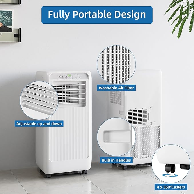 Portable Air Conditioner 8000 BTU With, 24H Timer & Smart/Sleep Mode, Cools Rooms Up to 350sq.Ft 4-In-1 Cooling, Cooling AC Unit With Fan & Dehumidifier & Remote Control for Bedroom, Dorms