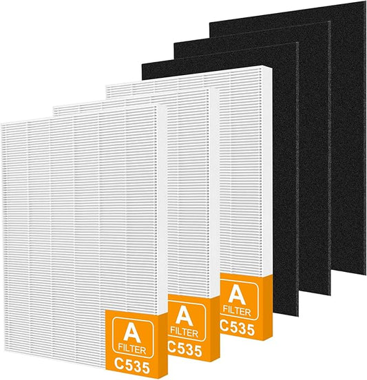 115115 Replacement Filters A Size 21 for Winix PlasmaWave 5300-2, C535, 6300, 5300, 6300-2, P300, AM90, 9000, 5000, 5000B, C909, 9800 Air Purifier, 3 HEPA Filter + 3 Carbon Pre-Filters