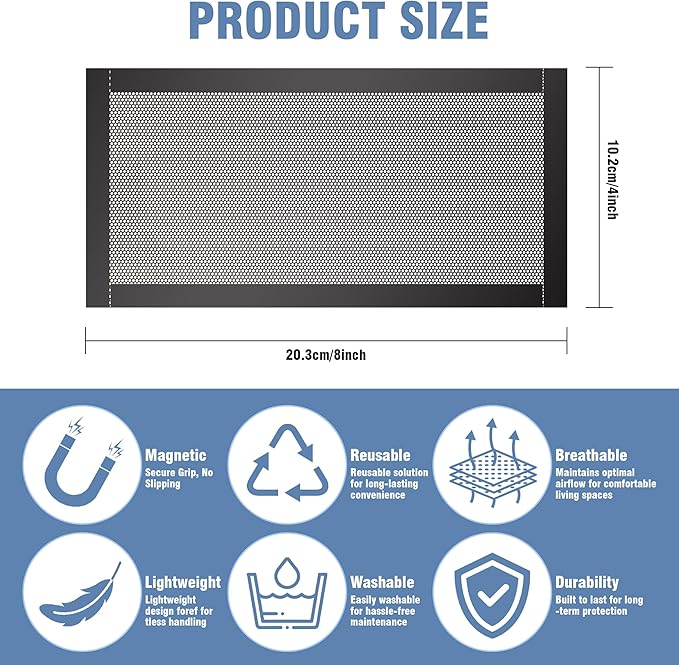 6 Pack Strong Magnetic Floor Vent Cover - PVC Mesh Register for Wall Ceiling Floor Catch Debris Hair Insect (Black, 4 x 8 Inch)