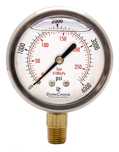 2-1/2" Oil Filled Pressure Gauge - Stainless Steel Case, Brass, 1/4" NPT, Lower Mount Connection, 0-4,000PSI