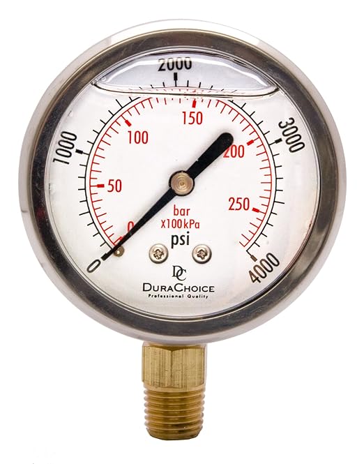 2-1/2" Oil Filled Pressure Gauge - Stainless Steel Case, Brass, 1/4" NPT, Lower Mount Connection, 0-4,000PSI