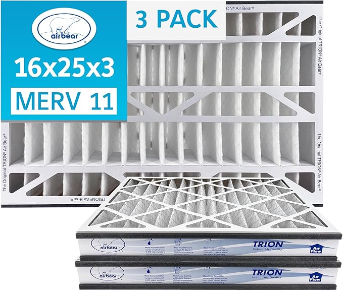 16x25x3 Air Filter MERV 11 (3-Pack) TRION Air Bear Pleated HVAC Air Filter Replacement (Actual Size: 15.75 x 24.25 x 3.0625 Inches)