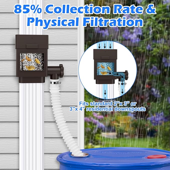 WADEO Rainwater Collection System, Downspout Diverter Fits for 2"x 3" or 3"x 4" Residential Downspouts, Rain Barrel Diverter Kit with Adjustable Valve and Filter, 5FT Hose, Brown