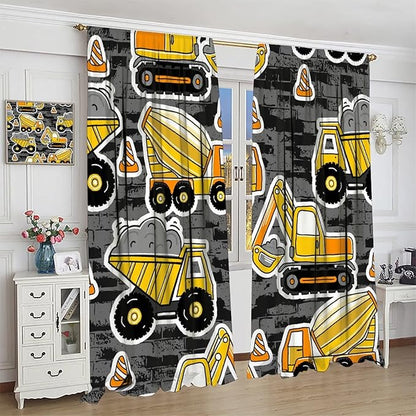 Kids Construction Excavator Window Curtains, Yellow Excavator Transporter Truck Cartoon Vehicles Rod Pocket Decorative Window Curtain for Children Teens Room 84x84in (30% Blackout)